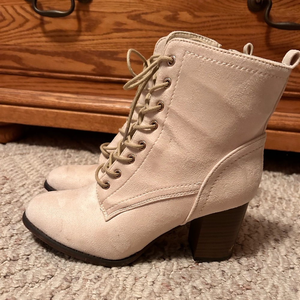 Cream Faux Suede Lace Up Wooden Heel